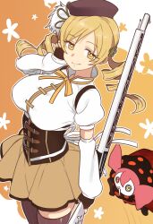  1girl blonde_hair breasts brown_thighhighs charlotte_(madoka_magica) detached_sleeves drill_hair ebora fingerless_gloves gloves gun hat highres holding holding_gun holding_weapon large_breasts looking_at_viewer magical_girl mahou_shoujo_madoka_magica mahou_shoujo_madoka_magica_(anime) skirt smile solo thigh-highs tomoe_mami tomoe_mami_(magical_girl) twin_drills weapon yellow_eyes yellow_skirt 