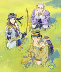  1girl 2boys ainu ainu_clothes arisaka asirpa bandana blue_bandana bolt_action bow_(weapon) buzz_cut commentary_request earrings facial_hair flower goatee golden_kamuy grass gun hat headband holding holding_flower hoop_earrings imperial_japanese_army jewelry kepi long_sideburns looking_at_viewer luke_skyfaller military_hat multiple_boys purple_headband rifle scar scar_on_cheek scar_on_face scar_on_mouth scar_on_nose scarf shaved_head shiraishi_yoshitake short_hair sideburns sitting smile sugimoto_saichi tall_grass two-tone_headwear very_short_hair weapon yellow_scarf 