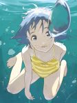  1girl air_bubble barefoot blue_eyes blue_hair breath bubble freediving highres loundraw one-piece_swimsuit open_mouth original short_hair swimming swimsuit underwater water 