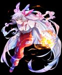  1girl black_background bow breasts cleavage fire fujiwara_no_mokou grin hair_bow hair_ribbon highres long_hair open_clothes open_shirt pants poko_(mammypoko) red_eyes ribbon smile solo suspenders touhou very_long_hair white_hair 