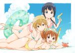  3girls aiura amaya_kanaka beach bikini blue_sky clouds crab diving_mask hosoi_mieko innertube iwasawa_saki lying lying_on_person multiple_girls on_stomach sky snorkel summer swimsuit uehara_ayuko water_gun 