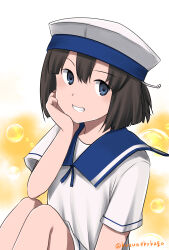  1girl air_bubble black_hair blue_eyes blue_sailor_collar bob_cut bubble daitou_(kancolle) dress hat high_ponytail highres kantai_collection looking_at_viewer one-hour_drawing_challenge ponytail sailor_collar sailor_dress sailor_hat shizukuneko short_hair short_ponytail short_sleeves sitting solo white_dress white_hat 
