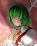  1girl arch-vile artist_name ascot closed_eyes crying dated green_hair highres juliet_sleeves kazami_yuuka long_sleeves parted_lips pink_background plaid plaid_vest puffy_sleeves short_hair solo streaming_tears tears touhou umbrella 