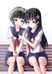  2girls black_hair brown_eyes earphones fame_peera flower green_eyes hair_flower hair_ornament head_wreath iphone long_hair multiple_girls phone saten_ruiko school_uniform serafuku short_hair to_aru_kagaku_no_railgun to_aru_majutsu_no_index uiharu_kazari 