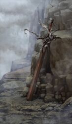  commentary_request fate/grand_order fate_(series) fog grey_sky grey_theme no_humans official_art outdoors sky still_life sword third-party_source tsuduki_neko weapon weapon_focus 