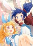  2girls aikatsu! alice_(wonderland) alice_(wonderland)_(cosplay) alice_in_wonderland animal_ears apron blonde_hair blue_eyes blue_hair blush chika_(orange_pop) cosplay dress falling gloves hair_ribbon holding_hands hoshimiya_ichigo interlocked_fingers kiriya_aoi long_hair multiple_girls open_mouth rabbit_ears red_eyes ribbon scrunchie side_ponytail smile tuxedo white_gloves white_rabbit white_rabbit_(cosplay) 