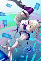  ! 1girl black_boots blonde_hair blue_fire boots breasts digimon digimon_(creature) digimon_card_game digimon_liberator drill_hair fire ghost ghostmon green_eyes grey_skirt highres large_breasts looking_at_viewer mianbaoren multicolored_hair purple_hair purple_thighhighs shirt skirt solo_focus streaked_hair thigh-highs trading_card twin_drills two-tone_hair violet_inboots white_shirt 