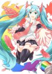  1girl ahoge aqua_eyes aqua_hair boots coconashi copyright_name detached_sleeves feathers hatsune_miku head_wings headset highres long_hair necktie open_mouth outstretched_arm paint skirt solo thigh_boots thighhighs twintails very_long_hair vocaloid wings 