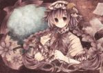  1girl alternate_hairstyle arm_ribbon bow braid bust capelet crescent flower hair_ribbon hat long_hair looking_at_viewer paper patchouli_knowledge purple_hair ribbon solo touhou twin_braids very_long_hair violet_eyes wiriam07 