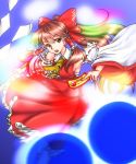  1girl armpits ascot between_fingers blue_background bow brown_hair danmaku detached_sleeves gohei hair_bow hair_tubes hakurei_reimu head_tilt light_particles looking_at_viewer nagi_fuumumare ofuda open_mouth ponytail sarashi short_hair skirt skirt_set solo touhou yellow_eyes yin_yang 