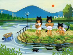  animal_ears black_hair cat_ears cat_tail day dress fins grass head_fins highres holding long_hair multiple_girls open_mouth original outdoors partially_submerged plant railing scenery shirt short_hair shorts stairs standing sun tail tree water white_dress white_shirt ya0n0524 