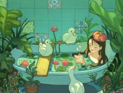  1girl animal bath bathing bathroom bathtub bird brown_hair claw_foot_bathtub closed_eyes duck flower hair_flower hair_ornament highres in_bathtub indoors leaf lily_pad original partially_submerged plant potted_plant smile solo sparkle tile_wall tiles water ya0n0524 