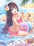  1girl ahoge ball barefoot beach bf._(sogogiching) bikini blue_eyes breasts brown_hair cleavage flower hair_bobbles hair_flower hair_ornament hermit_crab long_hair open_mouth original popsicle seashell shell sitting solo swimsuit twintails very_long_hair water 