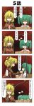  2girls 4koma blonde_hair blush bow brown_dress brown_hair bucket closed_eyes comic dress finger_licking flying_sweatdrops green_eyes green_hair hair_bobbles hair_bow hair_ornament hand_on_another&#039;s_chin hands_clasped hiding highres in_bucket in_container japanese_clothes kimono kisume kurodani_yamame licking multiple_girls open_mouth rappa_(rappaya) smile touhou translation_request twintails yukata 