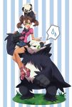  1girl bear blush_stickers brown_hair claws clenched_hands clenched_teeth fur grass green_eyes highres leaf long_hair open_mouth pancham panda pangoro pokemon pokemon_(creature) pokemon_(game) pokemon_xy sana_(pokemon) shorts sitting sitting_on_arm sitting_on_head sitting_on_person smile smirk spoken_sweatdrop sweatdrop tm_(hanamakisan) twintails 