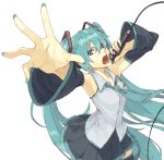  1girl aqua_eyes aqua_hair armpits detached_sleeves foreshortening hands hatsune_miku long_hair microphone nail_polish necktie open_mouth outstretched_arm simple_background singing skirt solo takanuma_tama thigh-highs twintails very_long_hair vocaloid white_background 