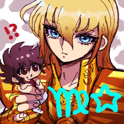 !? 2boys :o armor bindi blonde_hair blue_eyes brown_eyes brown_hair chibi expressionless facial_mark forehead_mark gold_armor gold_cloth gold_saint holding holding_mini_person long_hair looking_at_viewer lowres male_focus mini_person miniboy multiple_boys parted_lips pegasus_seiya saint_seiya short_hair solo_focus spiky_hair star_(symbol) ushino virgo_(symbol) virgo_shaka 