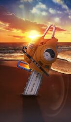  beach blue_sky chainsaw clouds commentary_request english_text fate/grand_order fate_(series) gradient_sky horizon no_humans ocean official_art orange_sky outdoors planted sand sky still_life sun sunlight sunset third-party_source tsuduki_neko water weapon weapon_focus yin_yang 