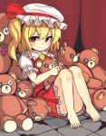  1girl ascot bare_legs barefoot blonde_hair blush flandre_scarlet gatakigi_gama hat hat_ribbon looking_at_viewer puffy_sleeves red_eyes ribbon shirt short_hair short_sleeves side_ponytail sitting skirt skirt_set smile solo stuffed_animal stuffed_toy teddy_bear tile_floor tiles touhou vest wings 