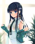  1girl black_hair blue_eyes blush breasts hair_ornament highres large_breasts long_hair looking_at_viewer mahouka_koukou_no_rettousei necktie off_shoulder school_uniform shiba_miyuki sleeveless sleeveless_shirt snowflakes solo sousouman wet wet_clothes wet_shirt 