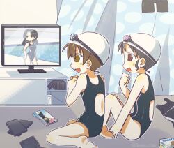  3girls :d barefoot black_hair brown_eyes brown_hair competition_swimsuit dvd_case from_side full_body ga-rei ga-rei_zero goggles goggles_on_head manabe_miku multiple_girls nm_shirasu one-piece_swimsuit open_mouth original sitting smile swim_cap swimsuit television wariza watching_television yanase_chizuru 