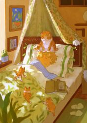  1boy absurdres bed bedroom blanket blonde_hair book cat closed_eyes highres indoors long_sleeves lying on_side original pillow plant potted_plant short_hair sleeping slippers solo under_covers ya0n0524 