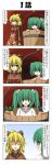  2girls 4koma blonde_hair bow brown_dress brown_hair bucket closed_eyes comic dress green_eyes green_hair hair_bobbles hair_bow hair_ornament highres in_bucket in_container japanese_clothes kimono kisume kurodani_yamame multiple_girls obentou open_mouth rappa_(rappaya) smile touhou translation_request twintails yukata 