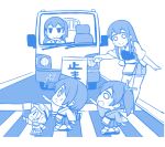  5girls akagi_(kantai_collection) chibi crosswalk fairy_(kantai_collection) flag hiryuu_(kantai_collection) kaga_(kantai_collection) kantai_collection monochrome motor_vehicle multiple_girls shishigami_(sunagimo) souryuu_(kantai_collection) vehicle younger 