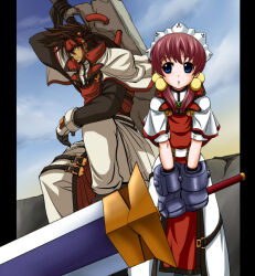  1boy 1girl alternate_costume arcana_heart belt brown_hair clouds cloudy_sky concrete crossover fiona_mayfield forehead_protector guilty_gear guilty_gear_xx hair_bobbles hair_ornament headband holding holding_sword holding_weapon huge_weapon looking_to_the_side m.u.g.e.n matching_outfits metal_gloves mittens multiple_belts no~ma order-sol pants ponytail sky sol_badguy sword weapon white_pants 