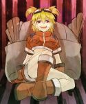  1girl backpack bag bashikou bel_hydra blonde_hair blood_lad boots breasts gloves goggles goggles_on_head large_breasts navel open_mouth red_eyes short_hair short_twintails shorts sitting solo twintails 