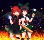  2girls animal_ears armpits black_hair black_wings braid cat_ears fang ghost kaenbyou_rin kaenbyou_rin_(cat) long_hair multiple_girls red_eyes redhead reiuji_utsuho reiuji_utsuho_(bird) sphere touhou tsukikusa twin_braids very_long_hair wings 