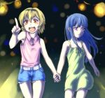  2girls bakemata bare_shoulders blonde_hair blue_hair cowboy_shot dress fang furude_rika hairband higurashi_no_naku_koro_ni holding_hands houjou_satoko long_hair multiple_girls open_mouth pointing red_eyes short_hair shorts sleeveless sleeveless_shirt sundress thigh_gap violet_eyes 