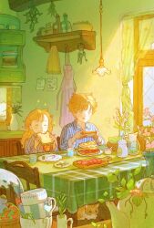  1boy 1girl absurdres blonde_hair breakfast cat chair closed_eyes cup eating food highres holding indoors interior long_hair long_sleeves messy_hair morning original plant plate potted_plant shelf shirt short_hair sitting striped_clothes table teacup teapot window ya0n0524 