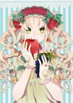  1girl absurdres apple blonde_hair cherry earrings food food_as_clothes food_themed_clothes fruit gloves grapes green_eyes hair_ribbon highres jewelry long_hair original ribbon ring smile solo strawberry twintails wavy_mouth 