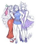 1boy 2girls aerith_gainsborough bare_shoulders braid breasts cloud_strife crossdressinging dress final_fantasy final_fantasy_vii hair_ornament hair_stick high_heels jewelry large_breasts long_hair multiple_girls necklace partially_colored robaato short_dress single_braid sketch sleeveless spiky_hair tifa_lockhart v_arms 