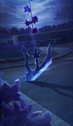  blue_theme bush commentary_request dutch_angle fate/grand_order fate_(series) fleur-de-lis flower flower_request night no_humans official_art outdoors planted purple_flower sakumamitsuro sky still_life third-party_source weapon_focus 