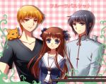  1girl 2boys brown_hair cat chinese_clothes copyright_name fruits_basket gogatsu_fukuin hair_ribbon honda_tooru long_hair mouse multiple_boys orange_hair plaid plaid_background ribbon school_uniform serafuku short_hair silver_hair souma_kyou souma_yuki t-shirt 