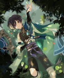  1boy anemo_symbol_(genshin_impact) arm_up armor belt black_belt black_bow black_bridal_gauntlets black_hair black_shorts blue_cape blue_gemstone blue_hat blue_kimono blue_sleeves blunt_ends bow bridal_gauntlets bug butterfly butterfly_on_hand canopy_(forest) cape closed_mouth eyeliner eyeshadow falling_petals feathers flower from_above furisode gem genshin_impact gold grey_pupils han'eri hand_on_own_stomach hat highres japanese_armor japanese_clothes jingasa kimono kote kurokote layered_kimono layered_sleeves lily_pad looking_at_viewer looking_up lying lying_on_water makeup male_focus middle_ring miemiebei on_back open_clothes open_hand open_kimono petals pom_pom_(clothes) purple_rope purple_sash red_eyeliner red_eyeshadow red_petals ripples rope sash scaramouche_(genshin_impact) short_sleeves shorts single_off_shoulder smile solo split_mouth tassel twitter_username unworn_hat unworn_headwear violet_eyes vision_(genshin_impact) wading wanderer_(genshin_impact) water_lily_flower white_flower white_kimono white_sleeves white_trim yellow_feathers 