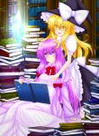  2girls baretto blonde_hair book bookshelf crescent crystal hair_ornament hair_ribbon hand_on_another&#039;s_head hat kirisame_marisa long_hair multiple_girls open_mouth patchouli_knowledge pointing purple_hair ribbon touhou violet_eyes witch_hat yellow_eyes 