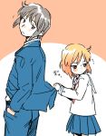  1boy 1girl amezawa_koma blush hands_in_pockets hetero kotoura-san kotoura_haruka looking_back manabe_yoshihisa orange_hair school_uniform serafuku shirt_tug short_hair skirt 