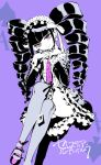  1girl ahn_dongshik black_hair bonnet card celestia_rudenberk crossed_legs dangan_ronpa drill_hair earrings gothic_lolita jewelry lolita_fashion long_hair monokuma necktie playing_card shoes sitting solo spade thigh-highs twin_drills twintails 