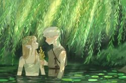  1boy 1girl blonde_hair blue_eyes blush closed_mouth confession day eye_contact flower hair_ornament highres leaf lily_pad long_hair looking_at_another nature original outdoors partially_submerged plant pointy_ears profile sleeveless sunlight tree upper_body water white_hair ya0n0524 