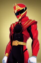  1boy absurdres armor black_bodysuit bodysuit brown_background clenched_hands cowboy_shot gozyuwolf gradient_background helmet highres male_focus no.1_sentai_gozyuger red_armor red_bodysuit red_helmet sentai_ring simple_background smgold solo super_sentai tokusatsu two-tone_bodysuit 