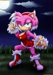  1girl amy_rose breasts claws cleavage clouds fang green_eyes large_breasts no_humans sega smile solo teeth 