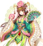  1girl braid brown_eyes brown_hair character_request chinese_clothes dress fan floral_print flower green_dress hair_flower hair_ornament hair_stick hanfu jewelry long_sleeves multicolored_dress nardack necklace pendant sangokushi_batoru sash smile solo twin_braids white_dress wide_sleeves 