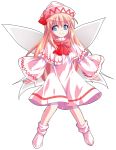  1girl alphes_(style) blonde_hair blue_eyes bow dairi dress hat lily_white long_hair parody simple_background smile solo style_parody touhou transparent_background wings 
