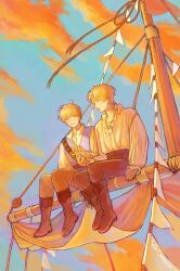  2boys absurdres blonde_hair blue_sky boat boots character_request clouds collared_shirt copyright_request day full_body highres long_sleeves male_focus mast multiple_boys outdoors pants sail shirt short_hair sitting sky smile watercraft ya0n0524 