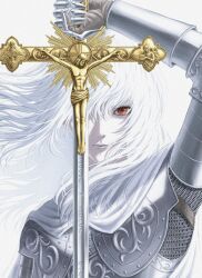  1boy absurdres armor chainmail cloak hair_over_one_eye highres holding holding_sword holding_weapon jesus long_hair looking_at_viewer male_focus orange_eyes original plate_armor sala46005948 simple_background solo sword weapon white_background white_cloak white_hair 