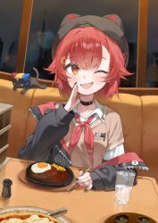  1girl ;d absurdres animal black_cat black_choker black_jacket black_nails blush brown_eyes brown_sweater cat choker collarbone collared_shirt commentary_request corn couch cup drinking_glass fang food fork fried_egg hair_between_eyes hamburger_steak highres holding holding_fork indoors jacket long_sleeves looking_at_viewer nail_polish neckerchief nekota_tsuna nekota_tsuna_(4th_costume) night night_sky off_shoulder on_couch one_eye_closed open_clothes open_jacket puffy_long_sleeves puffy_sleeves red_hair red_neckerchief shirt short-sleeved_sweater short_hair short_sleeves sky smile solo sweater table upper_body useq1067 virtual_youtuber vspo! water white_shirt window 
