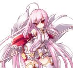  1girl ahoge alternate_color ara_han detached_sleeves elsword expressionless fox_tail frills long_hair multiple_tails pink_hair red_eyes shirt solo staff syarute tail thighhighs white_background 